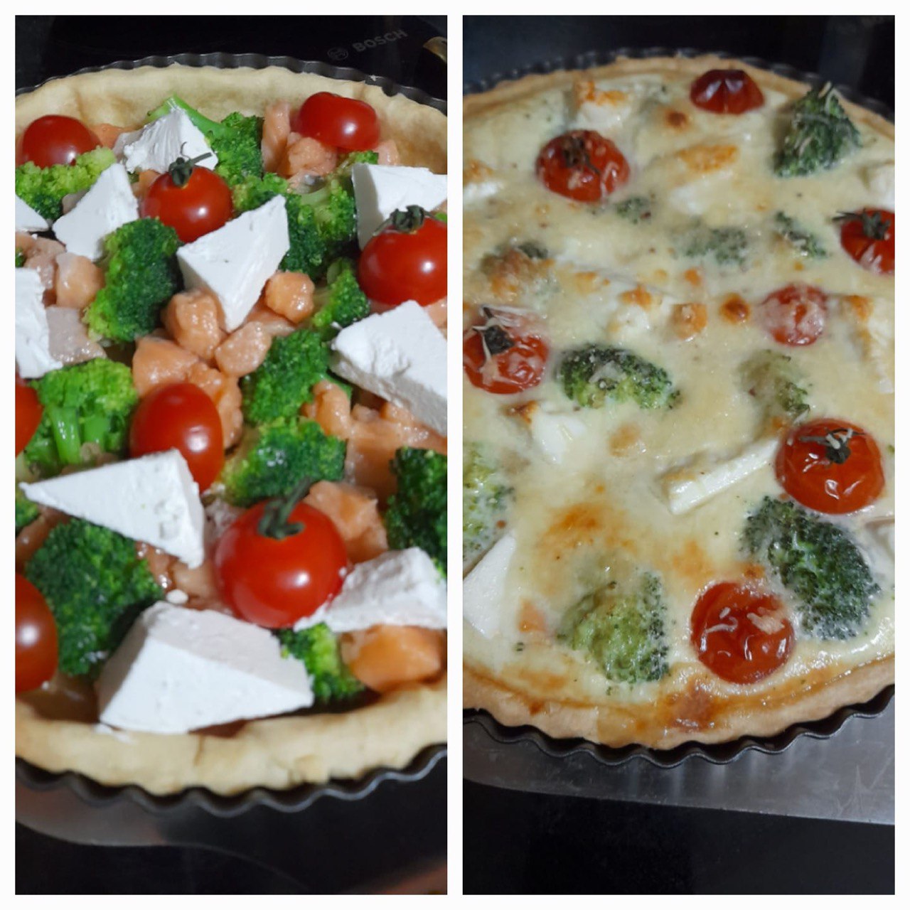 Открытый пирог с форелью, брокколи и брынзой